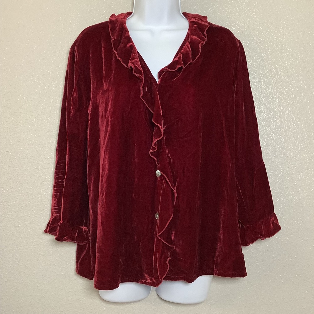 Vintage 90s Red Velvet Silk Blend Romantic Feminine Vamp Witchy Ruffle Blouse L